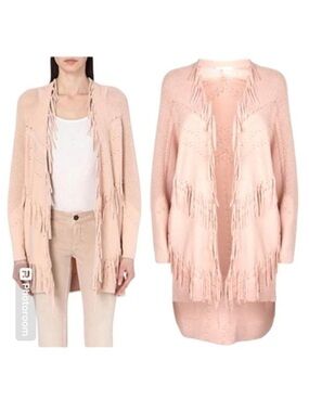 Maje Blush Pink Fringed Open-Front Cardigan